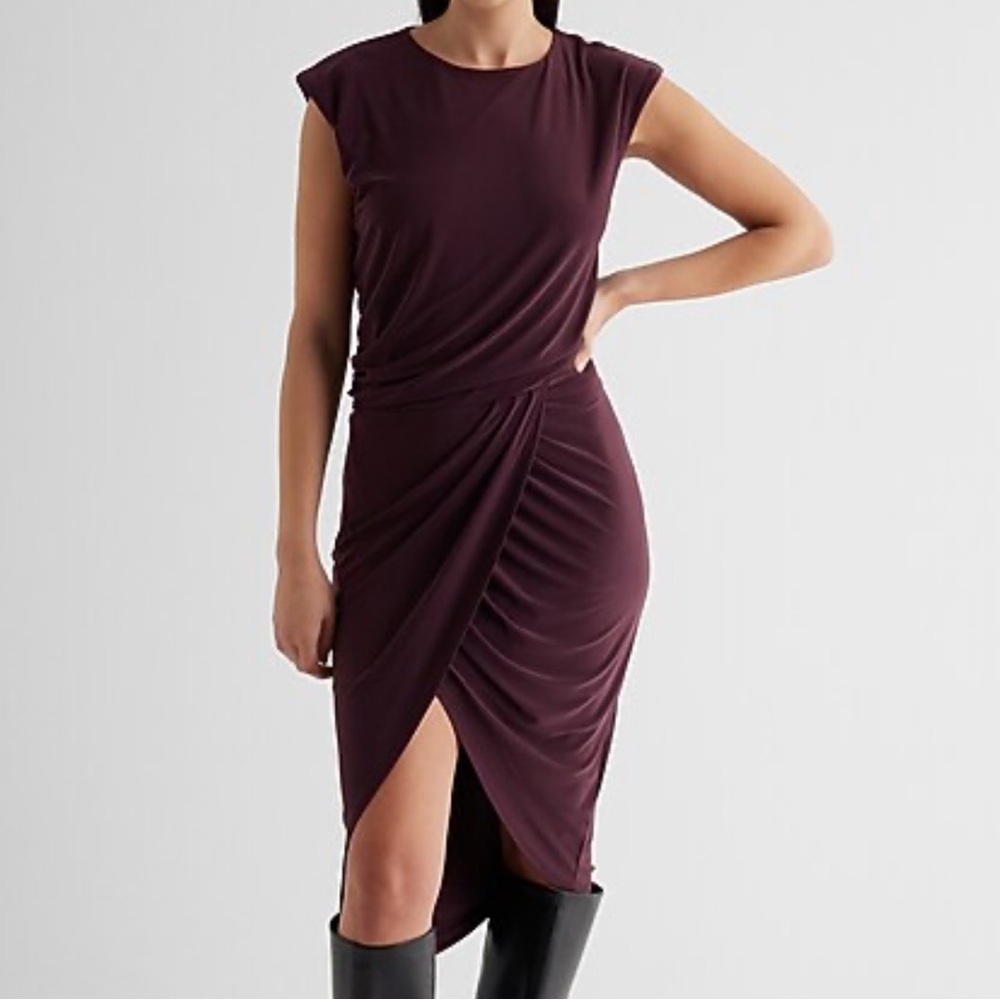 NWT Express Crew Neck Cap Sleeve Ruched Draped Midi Sheath Dress (burgundy XS)